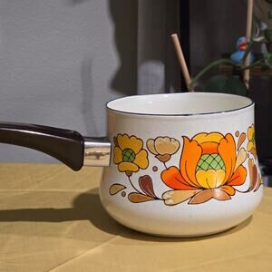 Vintage 1970s Sanko Ware "Show Pans" Orange Floral Enamel Cookware